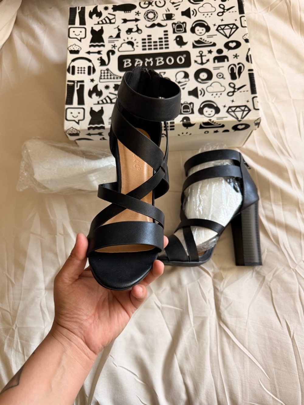 BAMBOO Black Strappy Block Heel Sandals - Picture 3 of 3